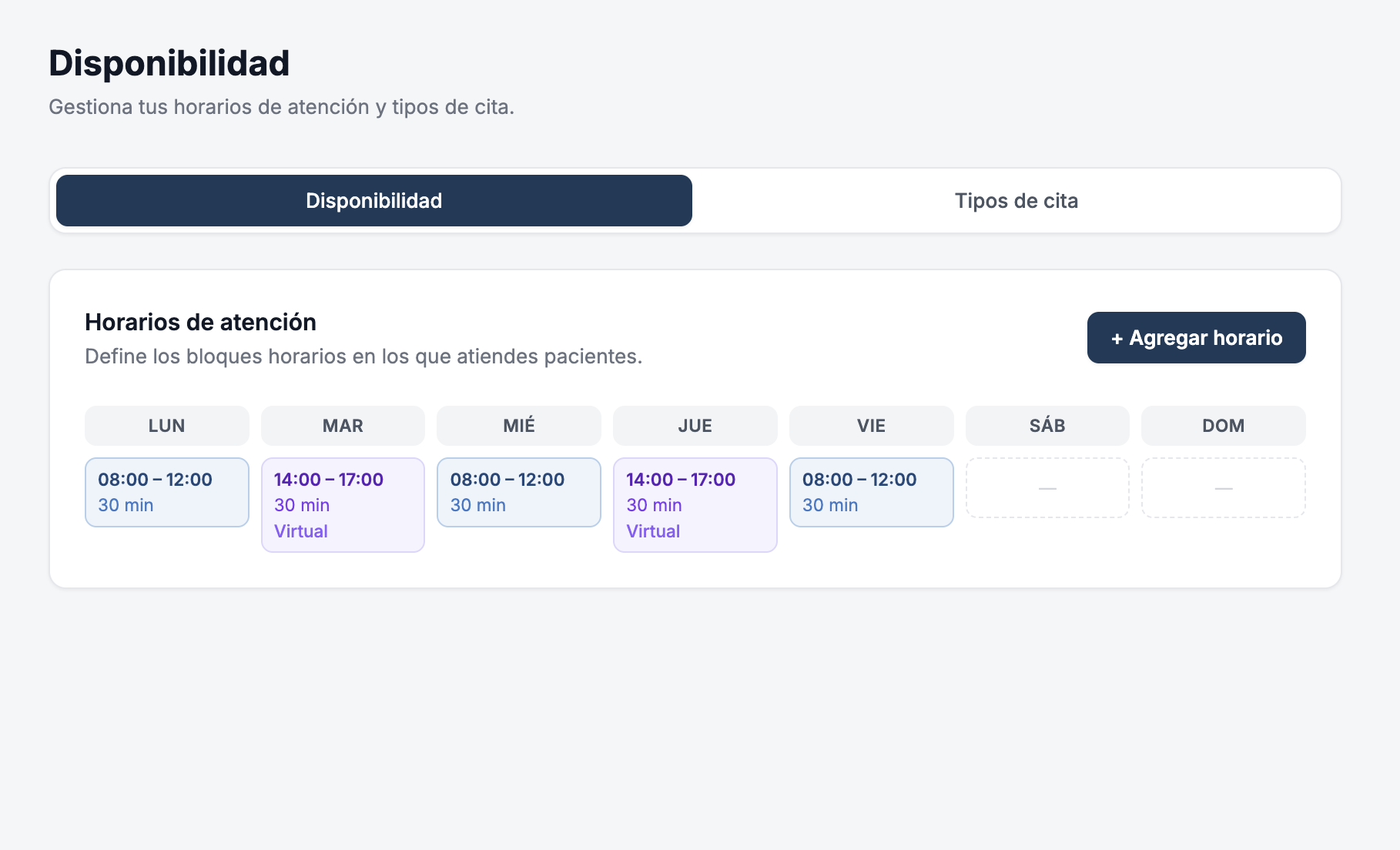 Disponibilidad — gestión de horarios de atención y tipos de cita